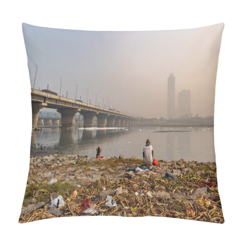 Personality  Devotee Performing Holy Rituals At Polluted River Shore With Toxic Foam At Misty Morning Image Is Taken At Yamuna River Okhla Barrage Delhi India. Pillow Covers