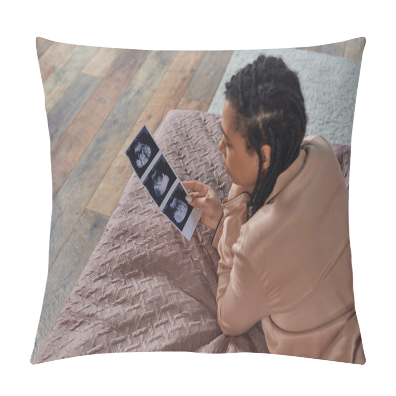 Personality  Top View Of African American Woman Lying On Bed, Looking At Ultrasound, Abortion Concept, Stress Pillow Covers