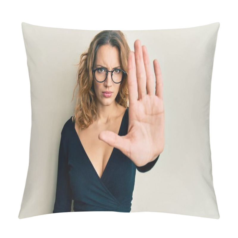 Personality  Young Caucasian Woman Wearing Business Shirt And Glasses Doing Stop Sing With Palm Of The Hand. Warning Expression With Negative And Serious Gesture On The Face.  Pillow Covers