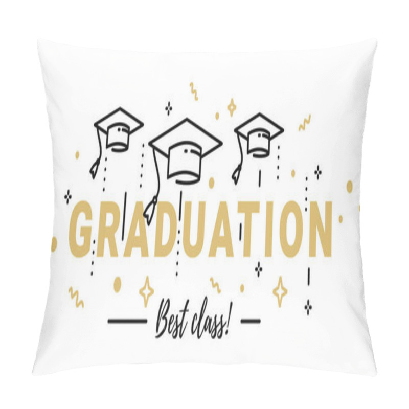 Personality  Vector Illustration Of Golden Word Graduation With Graduate Cap On White Background. Cap Thrown Up. Congratulation Graduate Class Of Graduation. Line Art Style Design For Greeting Card, Banner, Invitation Pillow Covers