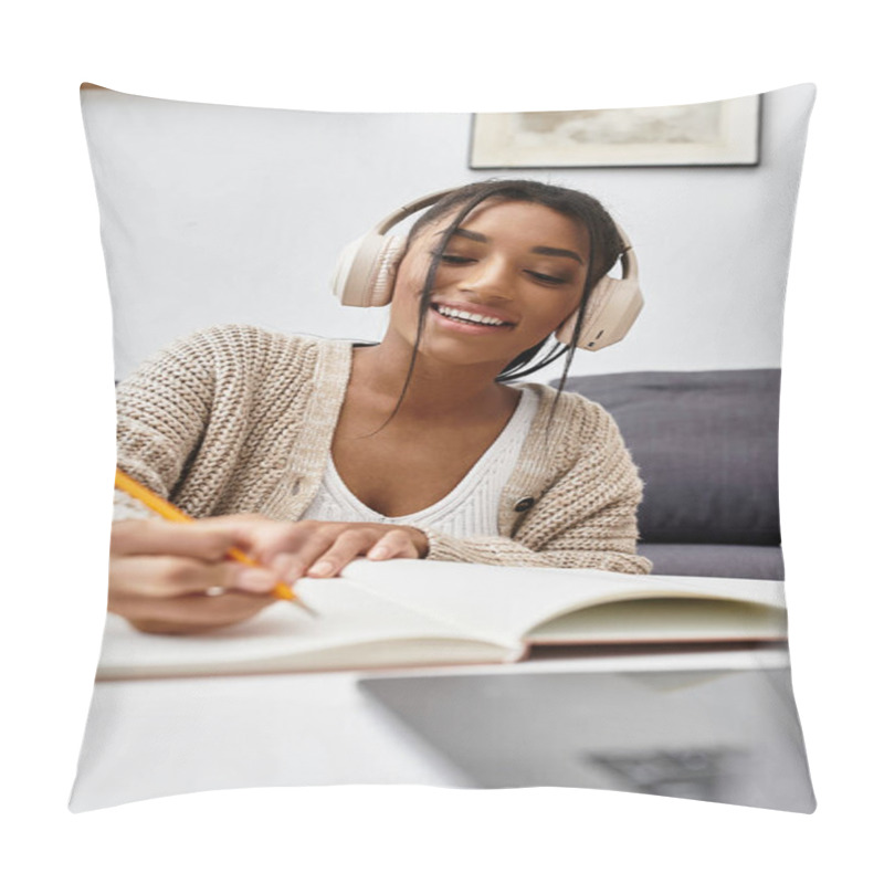 Personality  A Cheerful Young Woman Is Deeply Engaged In Her Studies At Home, Taking Notes With A Pencil. Pillow Covers