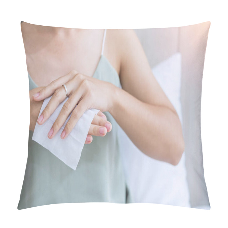 Personality  Woman Cleaning Hands By Wet Wipes Tissue And Alcohol Disinfectant On Bed During Wake Up At Home, Protection Coronavirus (Covid-19) Infection. Lifestyle, New Normal And Clean Surface Concept Pillow Covers