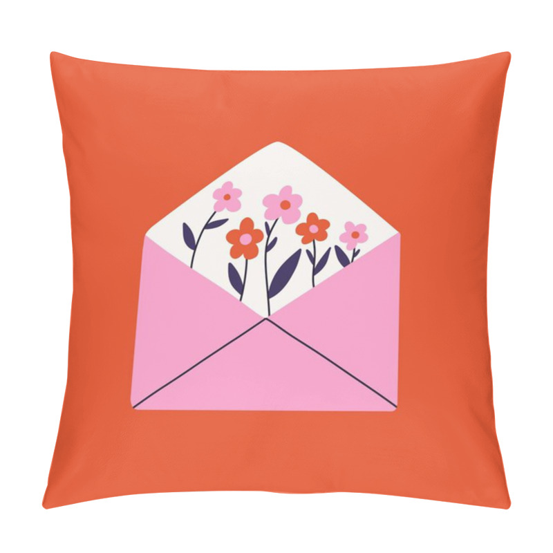 Personality  Bouquet Of Spring Flowers Inside The Envelope. Cartoon Floral Composition With Blooming Petals For Postcard Design, Greeting Card With Flower Bouquet. Vector Illustration. Pillow Covers