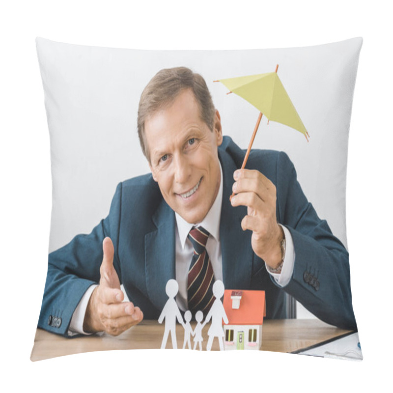 Personality  Businessman Holding Umbrella With Paper Cut Family And House Model On Wooden Table Pillow Covers