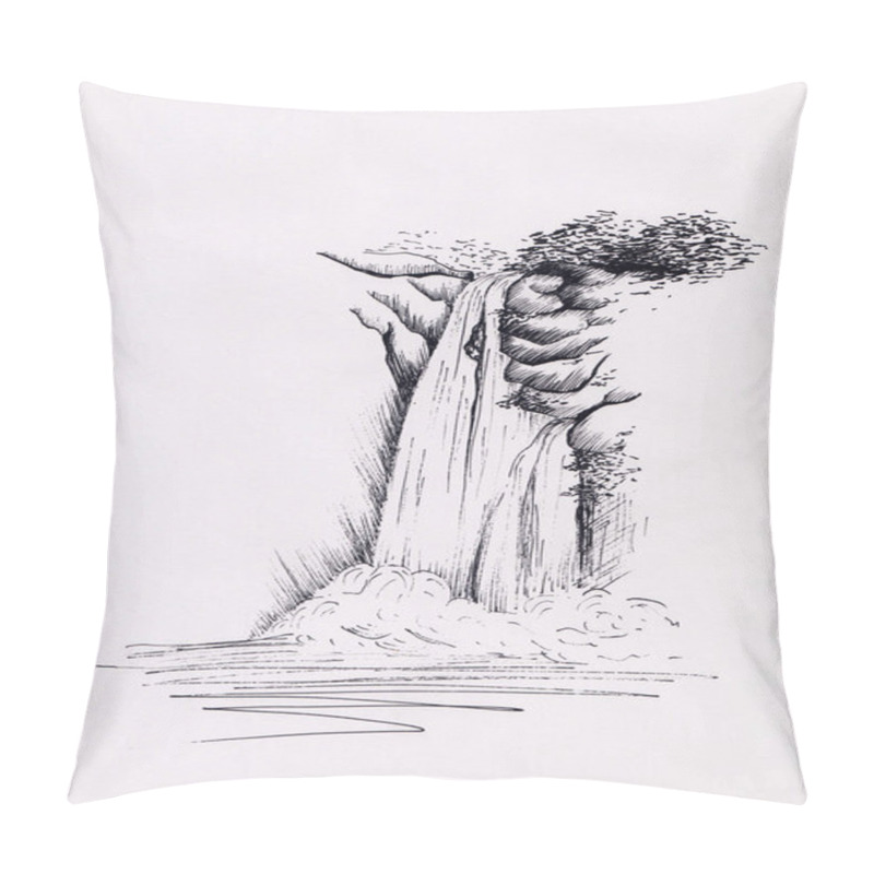 Personality  Ink Illustration Of Waterfall And Trees. Hand Drawn Calm Mountains Background For Relaxation, Meditation, Greeting Card. Sketch On Paper. Abstract Calm Nature Landscape. Original Painting. Pillow Covers