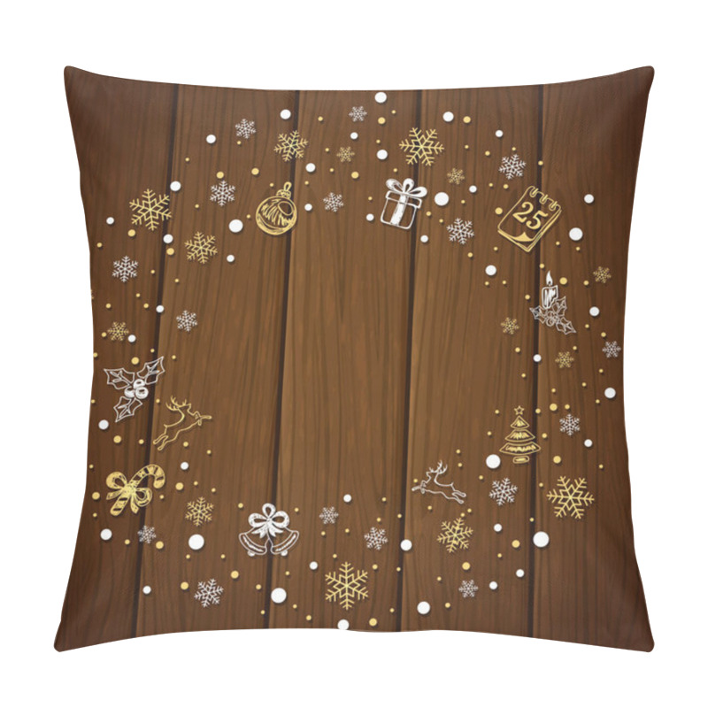 Personality  Christmas Decorations With Snowflakes On Brown Wooden Background Pillow Covers