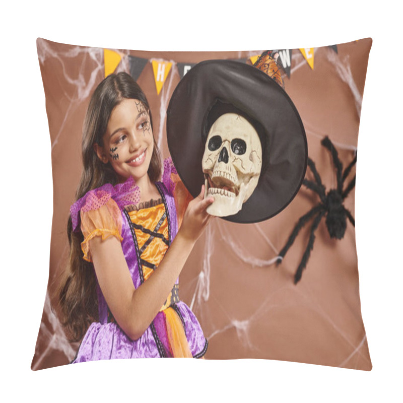 Personality  Happy Girl In Halloween Attire Wearing Witch Hat On Skull On Brown Background, Spooky Season Pillow Covers