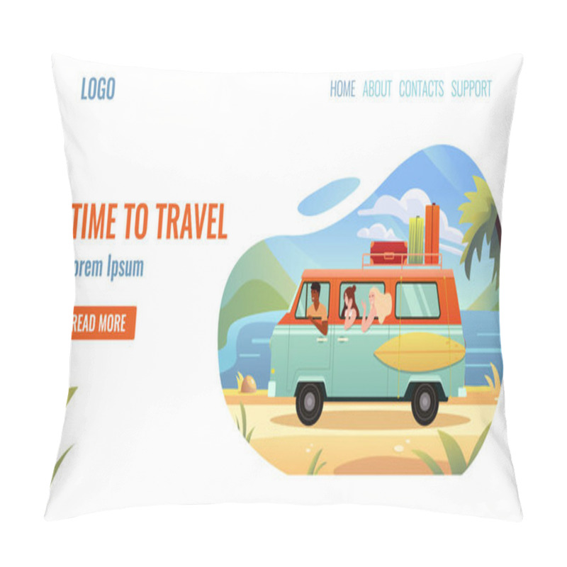 Personality  Time To Travel. Summer Vacation Banner Flat Design. Happy Young People. Exotic Ocean Beach Or Seaside. Vector Illustration.  Pillow Covers