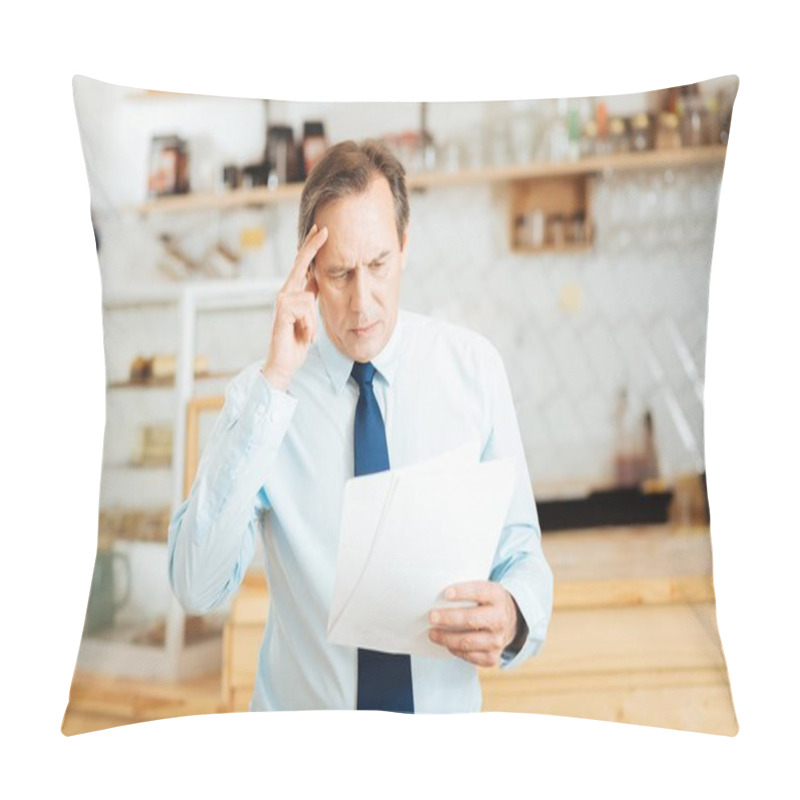 Personality  Thoughtful Busy Man Overlooking Documents And Holding Hand Near Head. Pillow Covers