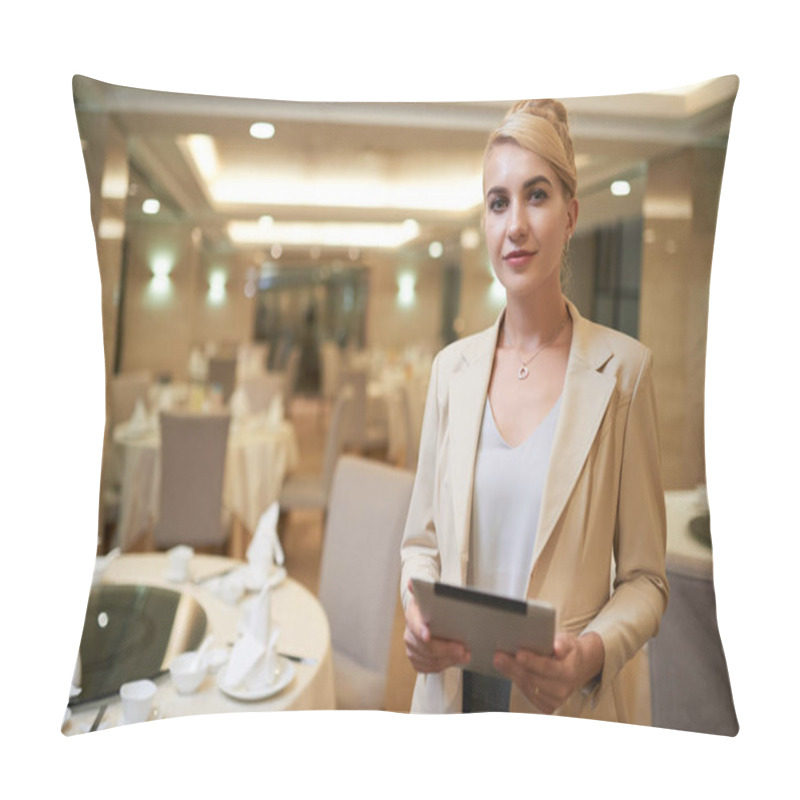 Personality  Pretty Smiling Blonde Woman Manager In Hotel Restaurant Posing For Camera And Holding Folder  Pillow Covers