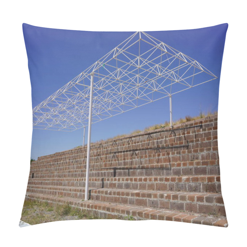 Personality  Modern Minimalism: A Steel Canopy Over Brick Stairs, Symbolizing Support And Progress Under An Open Sky Pillow Covers