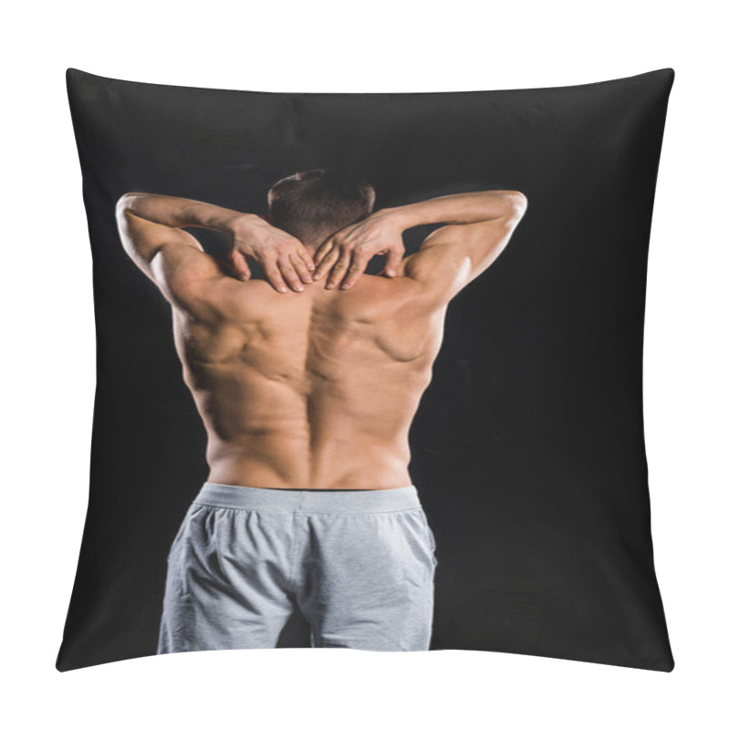 Personality  Back View Of Muscular Shirtless Sportsman Standing Isolated On Black Pillow Covers