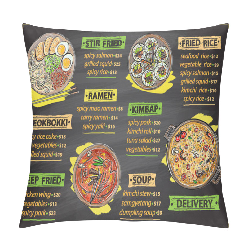 Personality  Hand Drawn Vector Asian Food Chalkboard Menu With Ramen, Kimbap, Fried Rice And Soup Illustration Pillow Covers