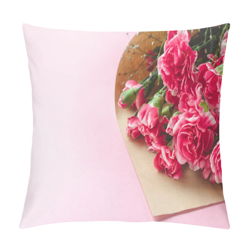 Personality  Bouquet Of Fresh Carnation Flowers In Craft Paper On Pink Backgr Pillow Covers