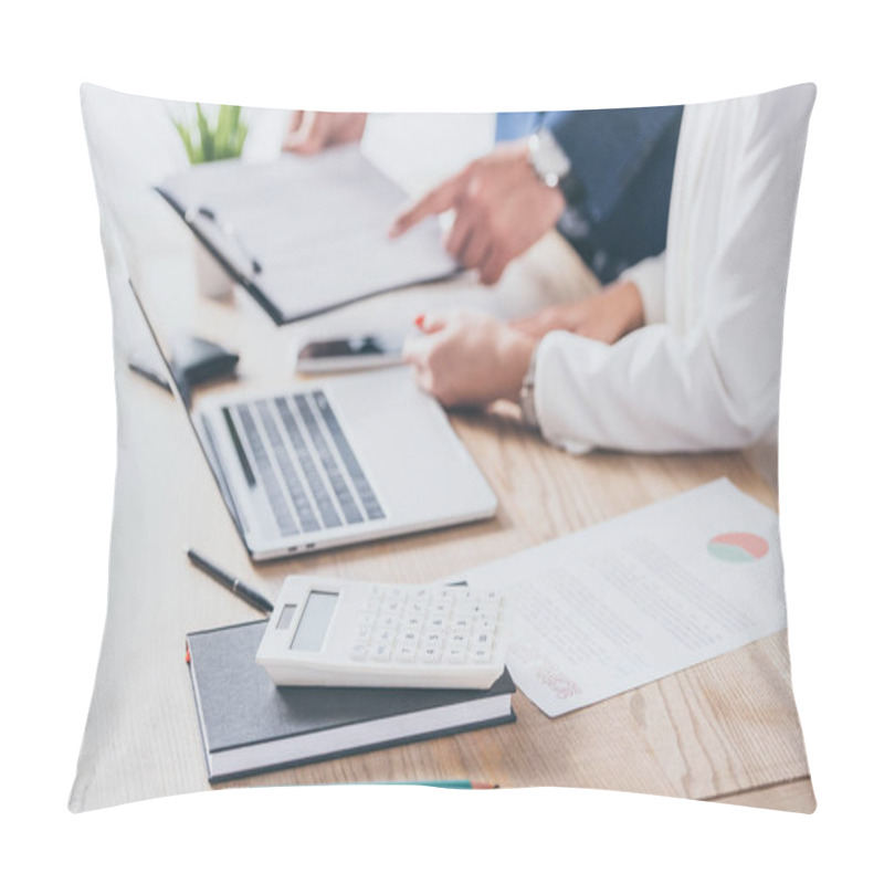 Personality  Cropped View Of Businessman Pointing With Finger At Clipboard Near Colleague Sitting At Workplace Pillow Covers