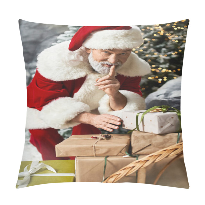 Personality  A Jolly Figure Dressed As Santa Carefully Arranges Beautifully Wrapped Gifts In A Snowy Landscape. Pillow Covers