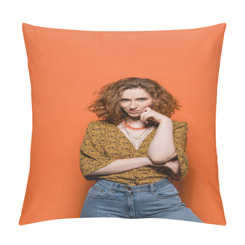 Personality  Confident And Smiling Red Haired Woman In Blouse With Abstract Pattern And Jeans Looking At Camera While Standing On Orange Background, Stylish Casual Outfit And Summer Vibes Concept, Youth Culture Pillow Covers