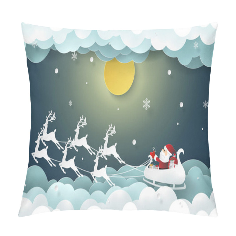 Personality  Paper Art, Craft Style Of Santa Claus On Chimney With Full Moon And Snowing, Going To The Village To Give Children A Gift, Merry Christmas And Happy New Year Pillow Covers