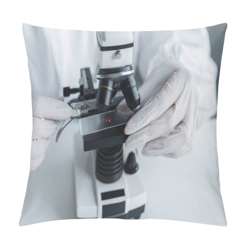 Personality  Cropped View Of Scientist In Latex Gloves Using Microscope In Lab  Pillow Covers