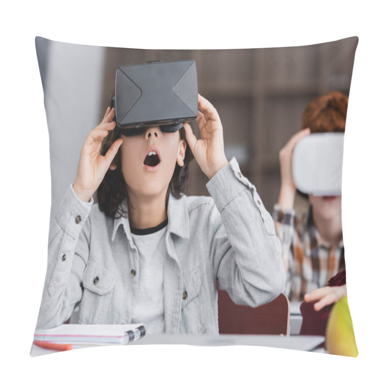 Personality  Shocked Schoolkid Touching Vr Headset While Gaming In School On Blurred Background Pillow Covers