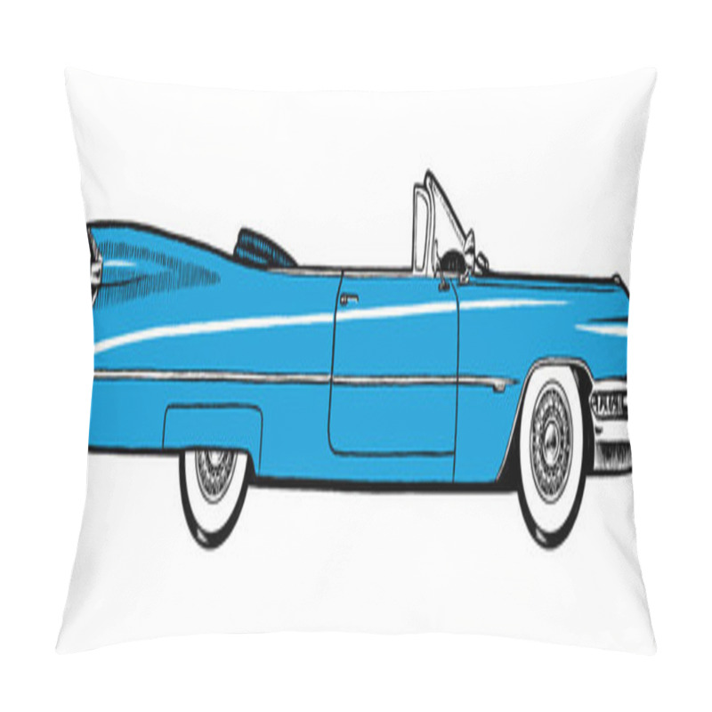 Personality  Blue Authentic 1959 Classic Retro Car Isolated On White Background. Digital Painting Cartoon Style Illustration. Pillow Covers