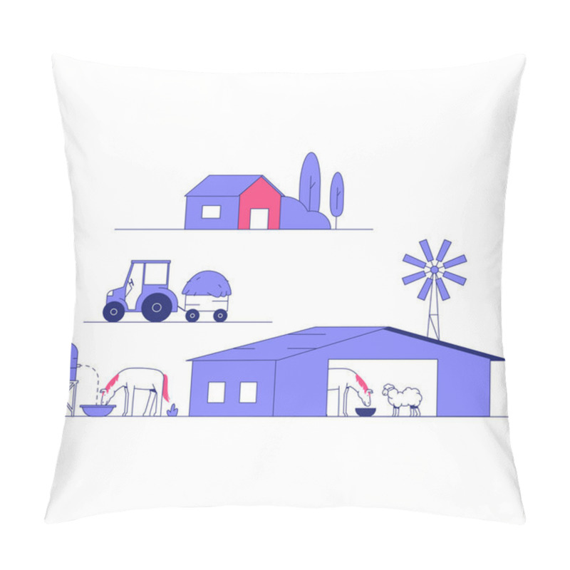 Personality  Farming Scene With A Tractor, Windmill, Barn, Animals, And Water Tank, Symbolizing Traditional Agriculture, Rural Life, And Food Production. Pillow Covers