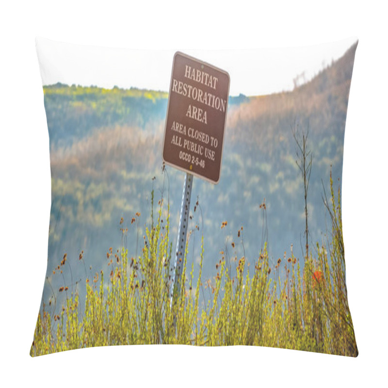 Personality  Habitat Restoration Area Sign On A Grassy Mountain Pillow Covers