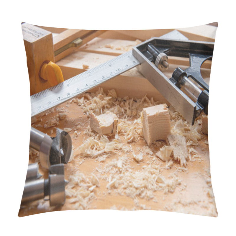 Personality  Timber, Wood Shavings And Carpentry Tools On A Work Bench. Pillow Covers