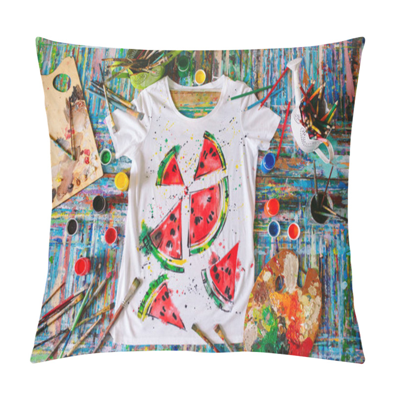 Personality  Drawing On Clothes. Drawing Watermelon On A White T-shirt. Pillow Covers