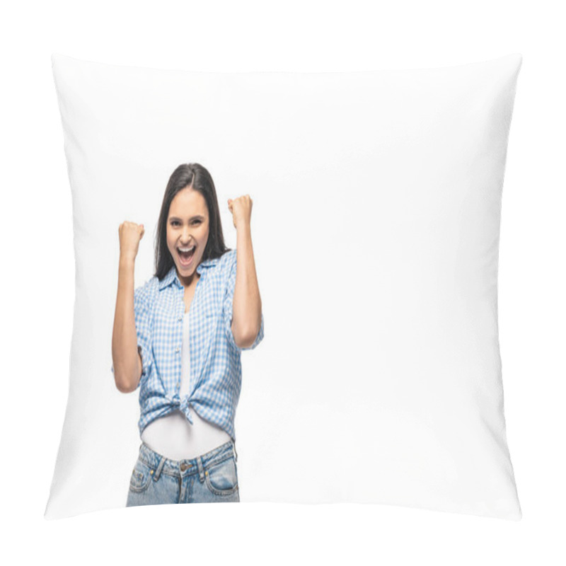 Personality  Happy Girl Gesturing With Clenched Fists Isolated On White With Copy Space Pillow Covers