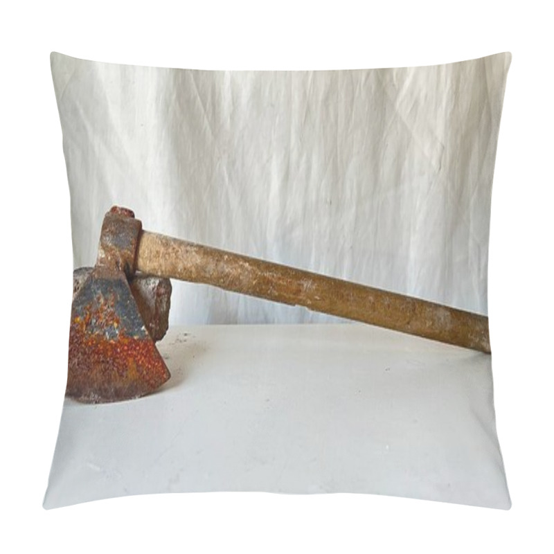 Personality  An Old, Rusty Tool Rests On A Plain White Background, Highlighting Its Age And Wear. Pillow Covers