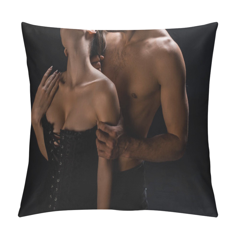 Personality  Cropped View Of Muscular Shirtless Man Holding By Hair Sensual Woman In Corset Isolated On Black  Pillow Covers