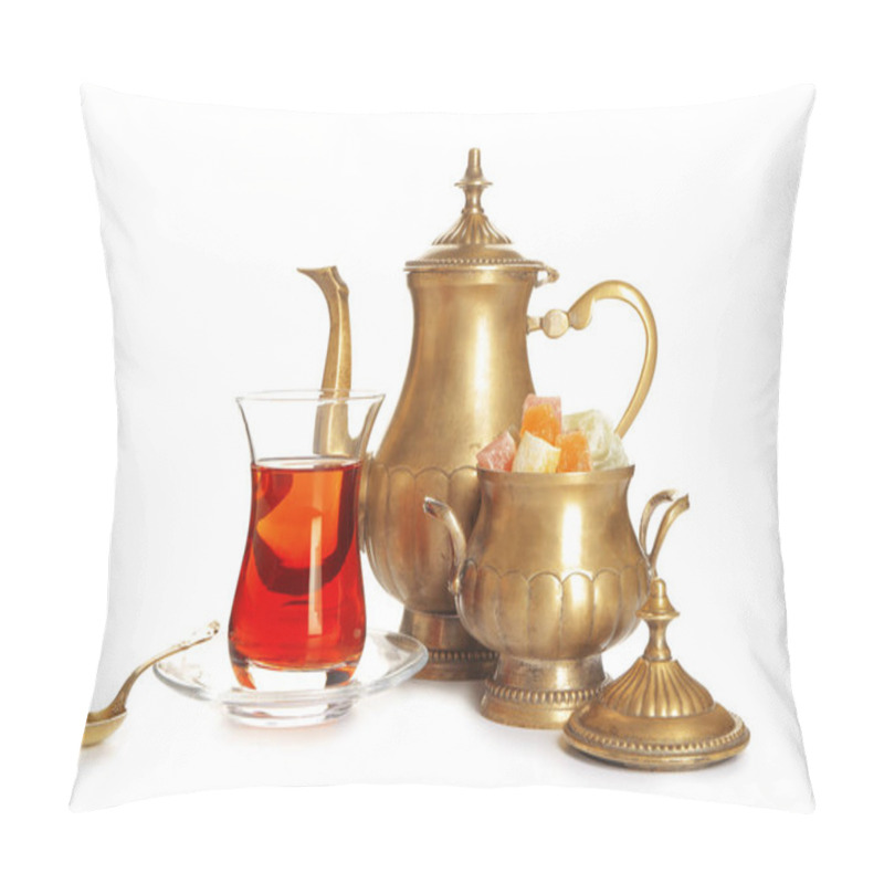 Personality  Tasty Turkish Tea With Sweets On White Background Pillow Covers