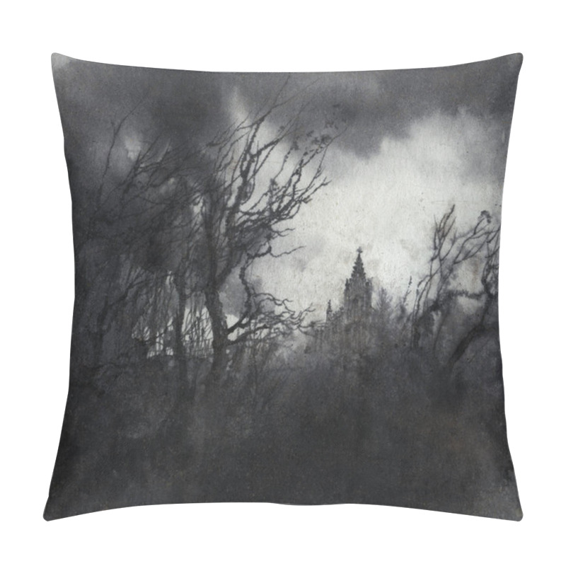 Personality  Haunted Landscape With Dark Trees And A Gothic Building, Ink Wash On Paper. Pillow Covers