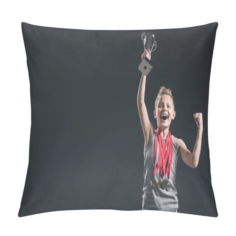 Personality  Portrait Of Happy Boy In Sportswear With Medals And Champions Cup Gesturing On Black Background Pillow Covers