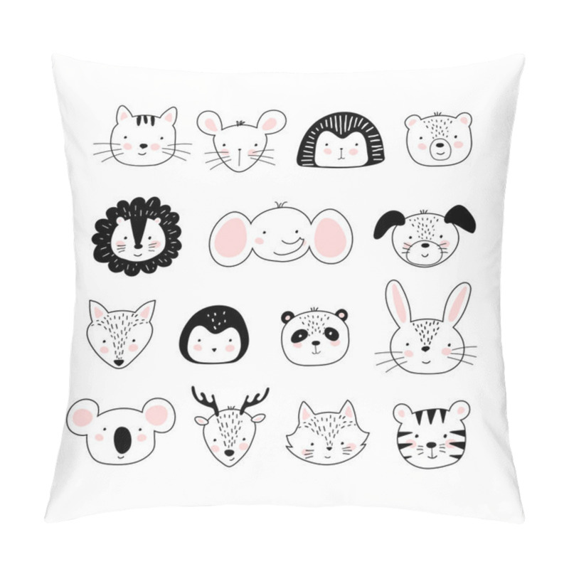 Personality  Set Of Cute Portraits Of Different Animals In A Scandinavian Black And White Style. Doodle Drawings Of Animals. Elephant, Koala, Dog, Cat, Lion, Rabbit, Deer. Vector Illustration Isolated On A White Pillow Covers