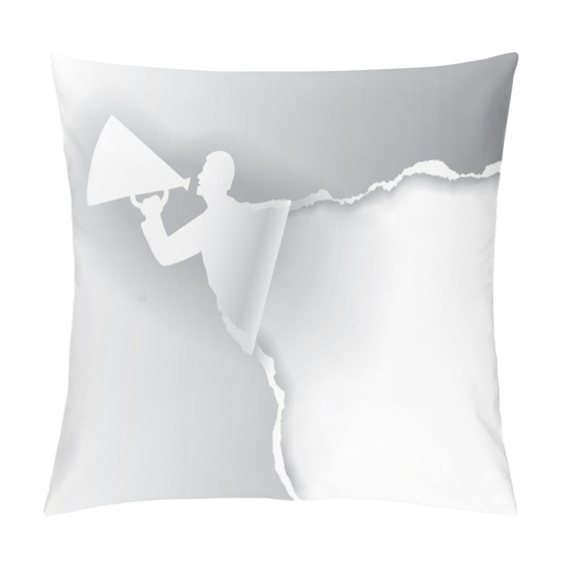 Personality  Man With Megaphone Ripped White Paper.Template For Announcement, White Torn Paper Background . Place For Your Text Or Image. Vector Available. Pillow Covers