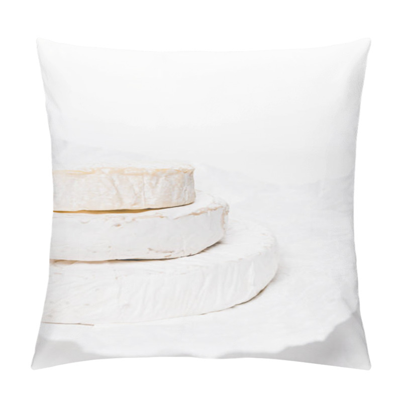 Personality  Close-up Shot Of Stack Of Brie Cheese Heads On Crumpled Paper And On White Surface Pillow Covers