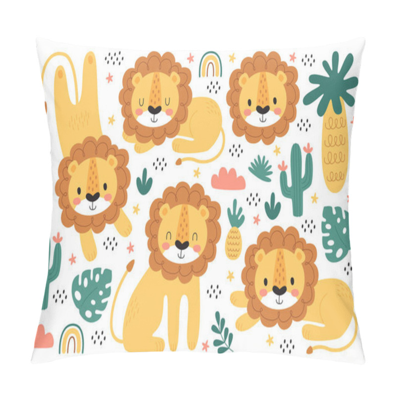 Personality  Cute Childish Baby Lion Cartoon Character Sitting, Lying, Sleeping, Sunbathing Set With Jungle And African Safari Open Air Zoo Natural Pattern. Wild Animal Funny Print Design Vector Illustration Pillow Covers