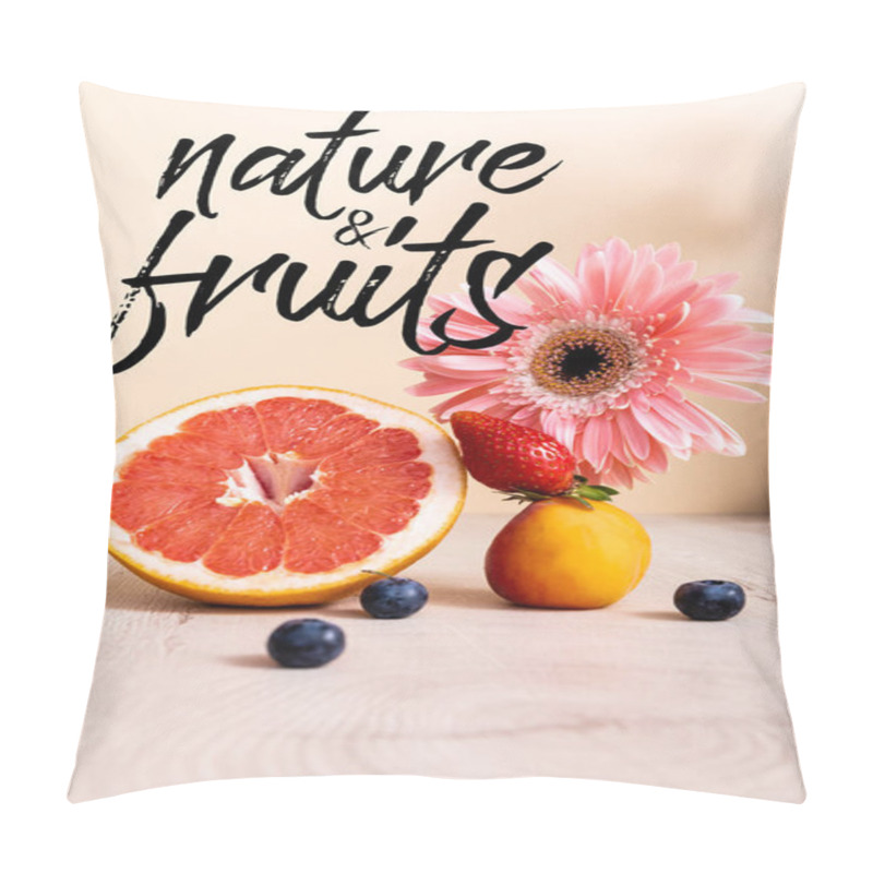 Personality  Pink Gerbera, Berries, Grapefruit And Apricot Near Nature And Fruits Lettering On Beige Pillow Covers