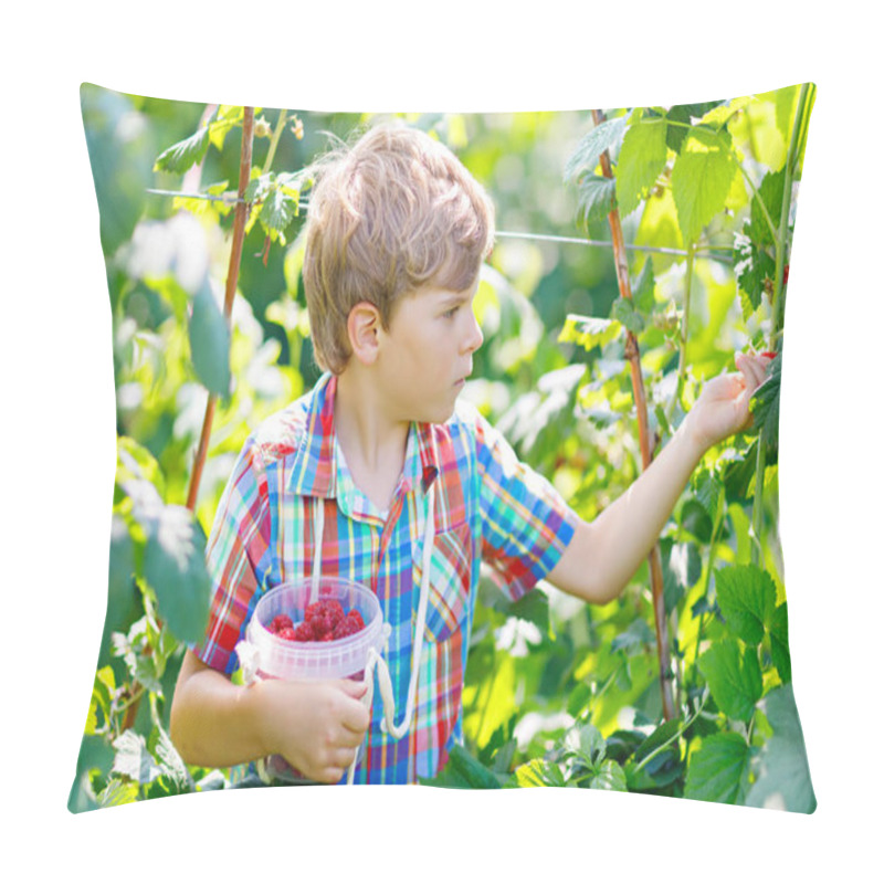 Personality  Cute Little Kid Picking Fresh Berries On Raspberry Field. Pillow Covers