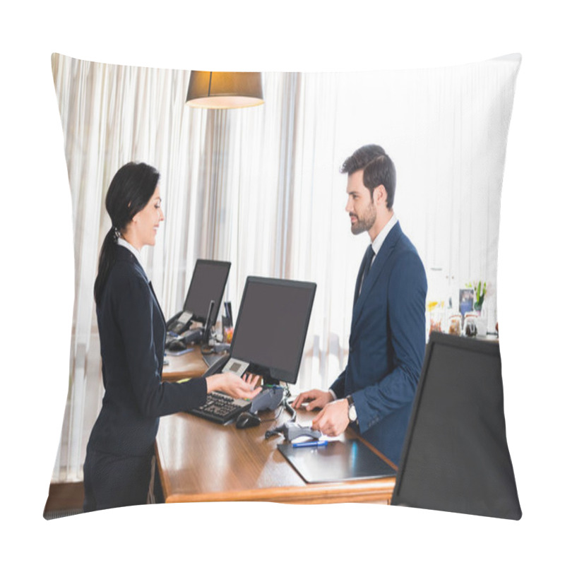 Personality  Happy Receptionist Gesturing Near Handsome Man With Credit Card  Pillow Covers