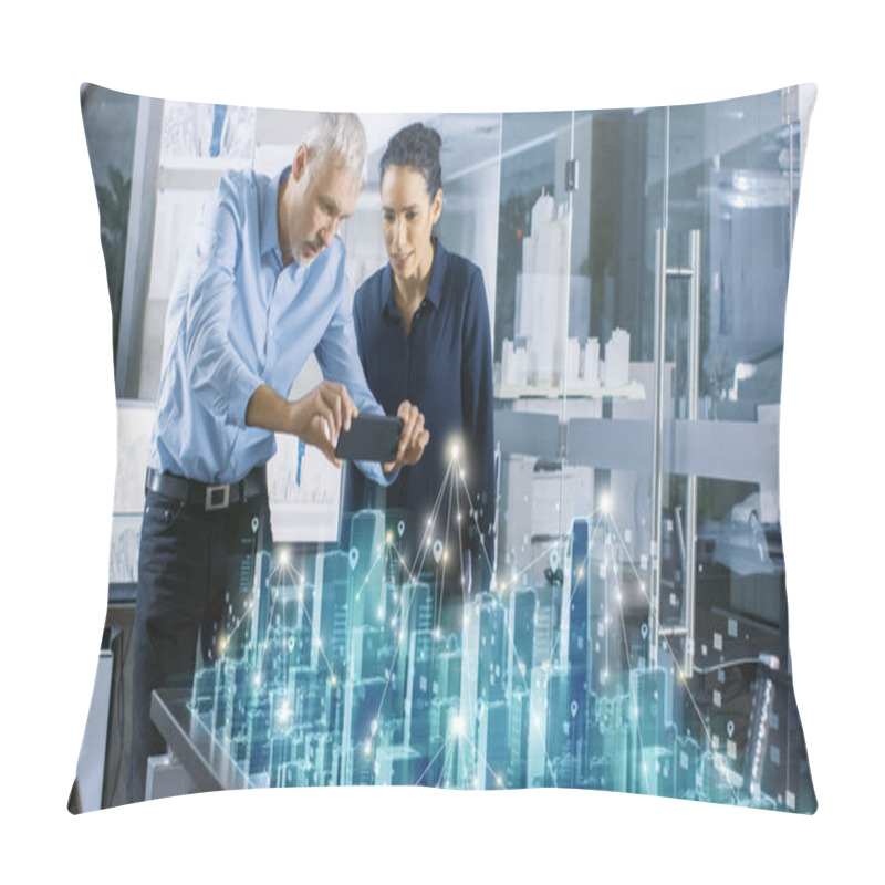 Personality  Male And Female Architects Work With Holographic Augmented Reality 3D City Model. Technologically Advanced Office Professional People Use Virtual Reality Modeling Software Application. Pillow Covers