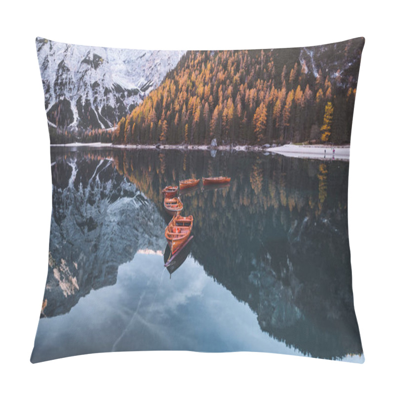 Personality  Lago Di Braies Pragser Wildsee Drone Aerial Italy Boats And Reflection. High Quality Photo Pillow Covers