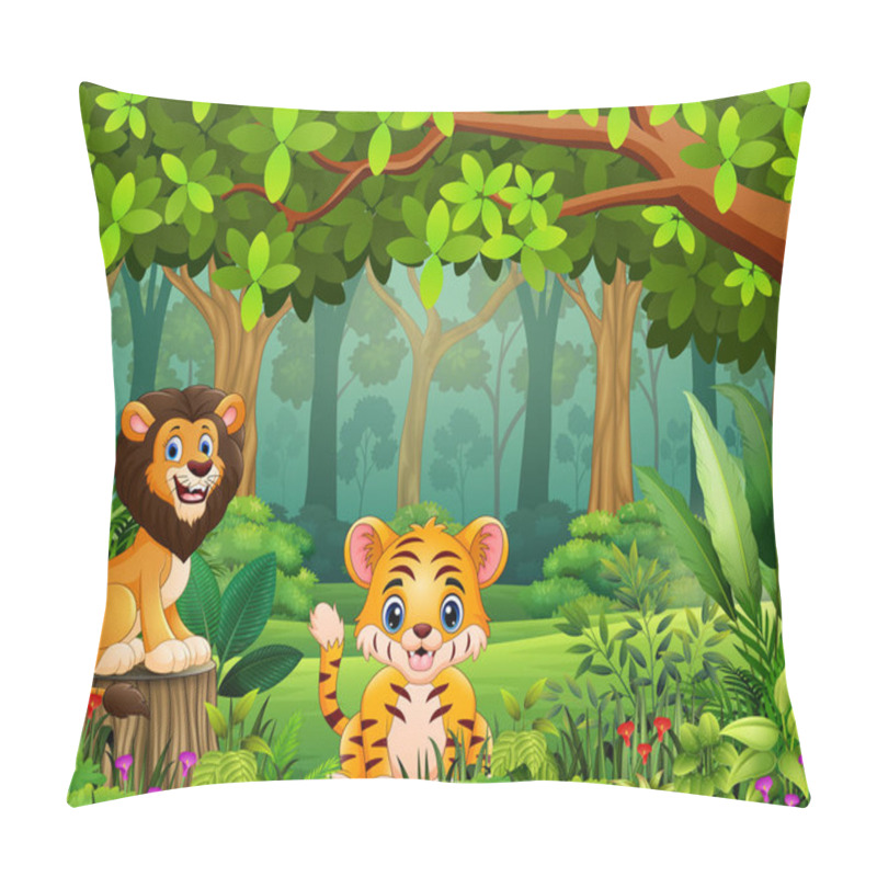 Personality  Happy Wild Animal Cartoon In A Beautiful Green Forest Pillow Covers