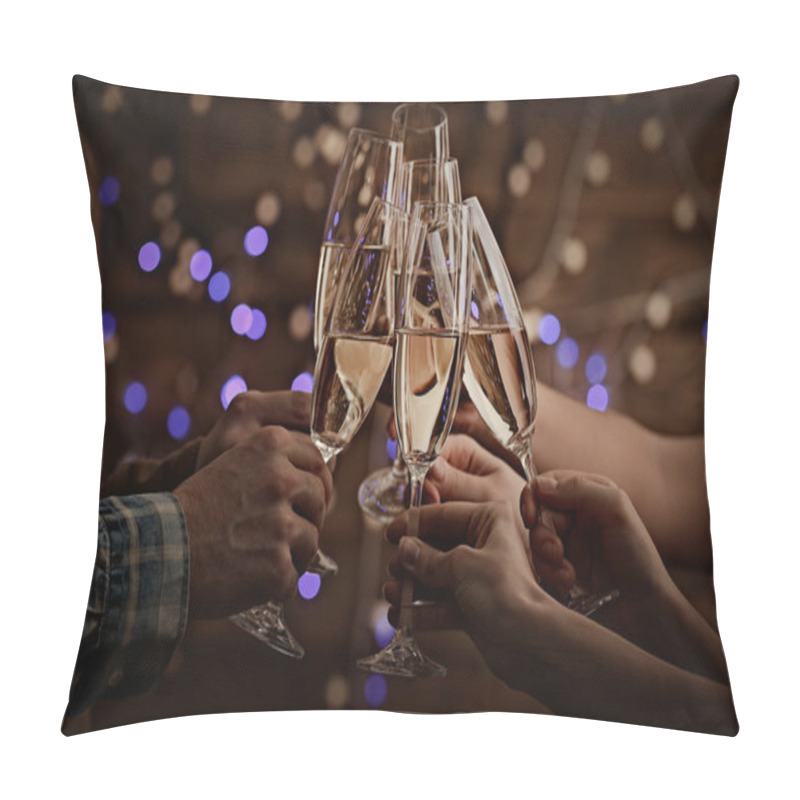 Personality  Clinking Glasses Of Champagne In Hands On Bright Lights Background Pillow Covers