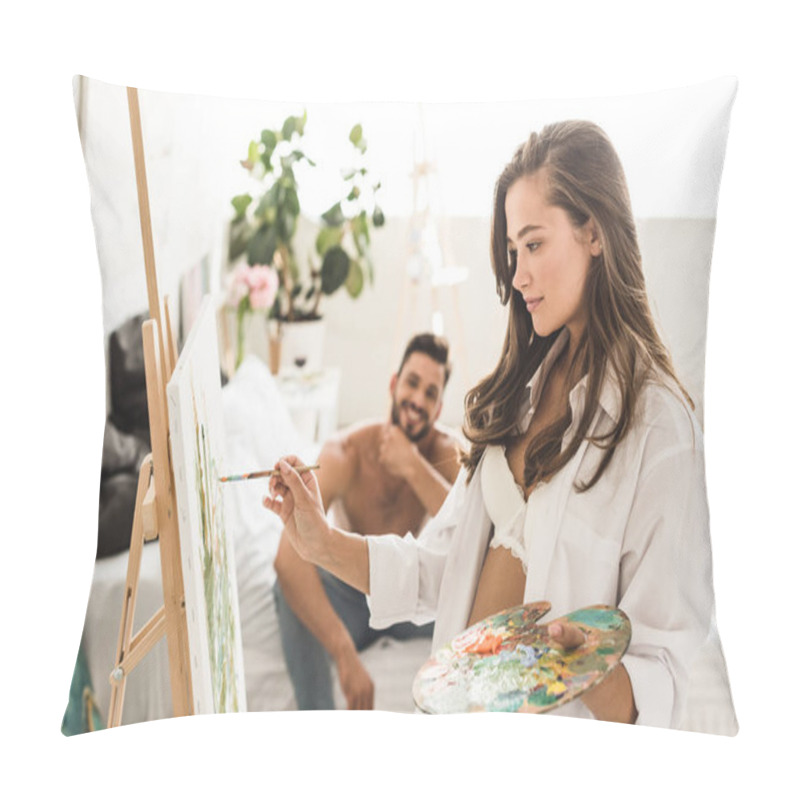 Personality  Selective Focus Of Sexy Girl In White Underwear And Shirt Drawing While Shirtless Man Smiling And Sitting In Bed  Pillow Covers