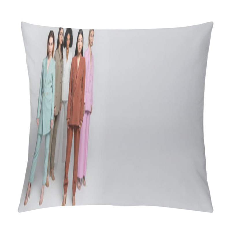 Personality  Full Length Of Interracial Models In Stylish Suits Posing On Grey, Banner Pillow Covers