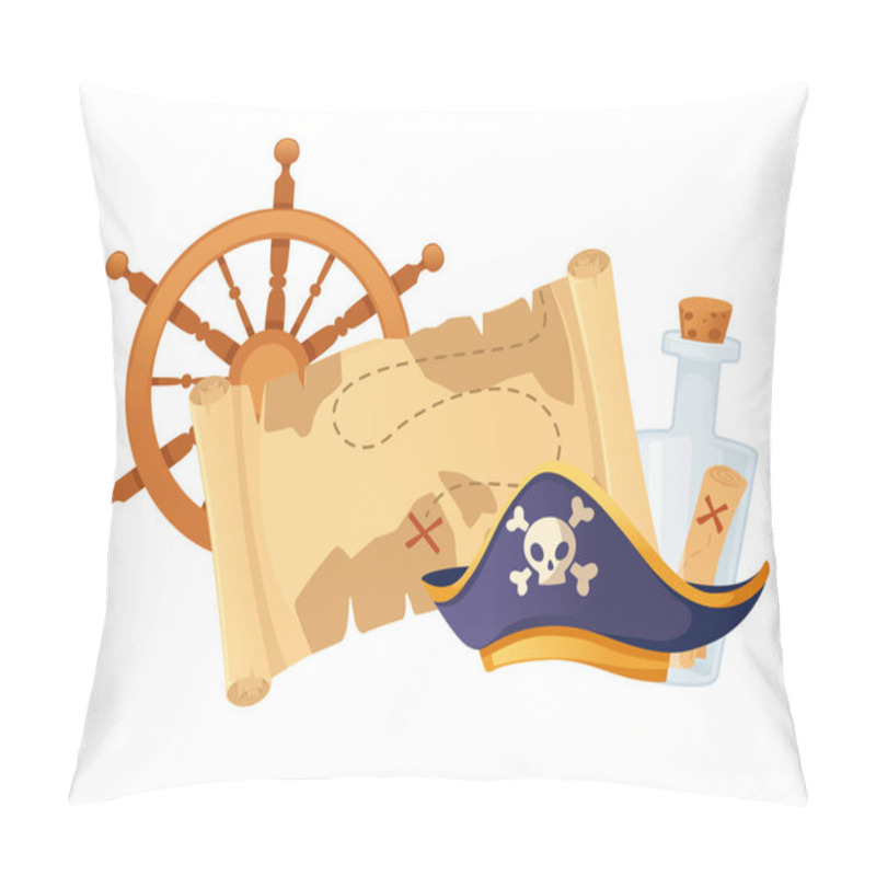 Personality  Illustration Of Pirate Theme With Treasure Map Hat And Helm Vector Illustration Isolated On White Background. Pillow Covers