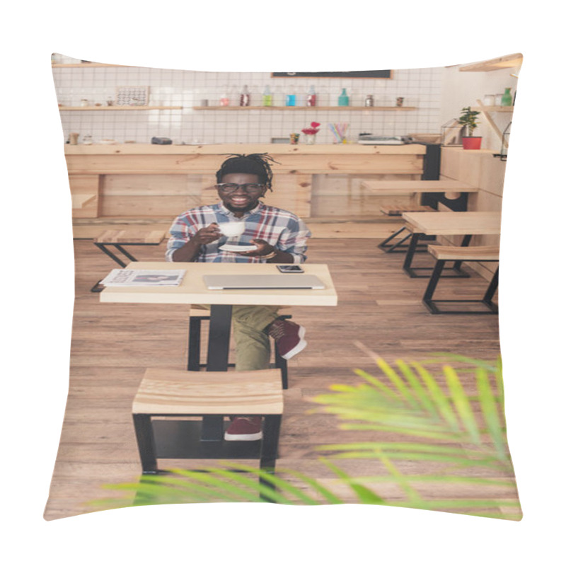 Personality  Smiling African American Man Drinking Coffee At Table In Cafe Pillow Covers